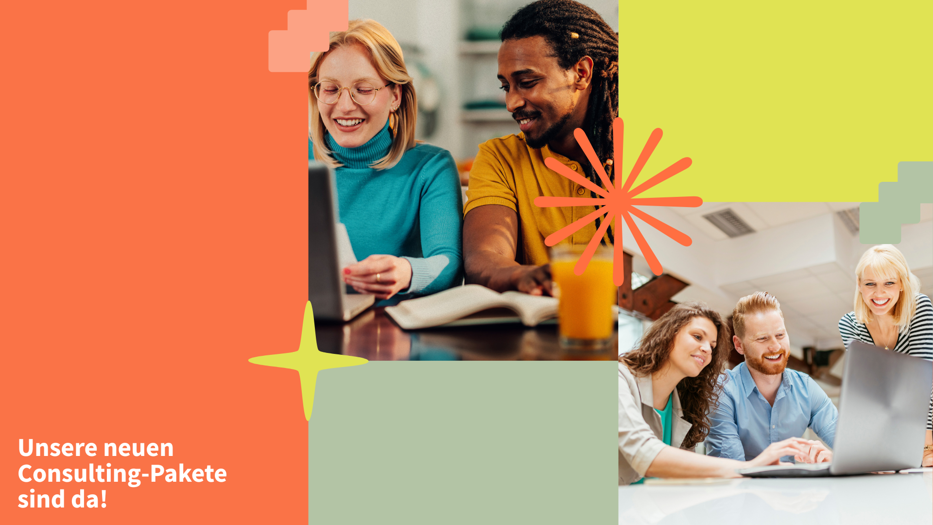 Die neuen Consulting Pakete sind da! Vier Personen, die gemeinsam am Laptop sitzen.