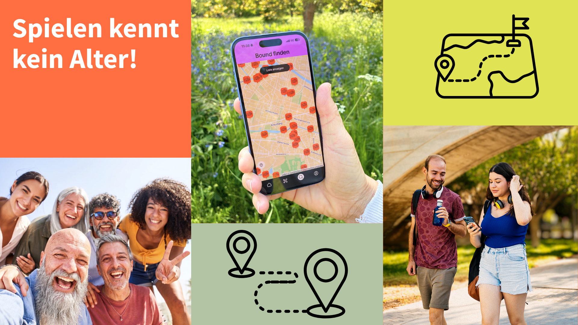 Eine Collage, die das generationenübergreifende Erlebnis von Actionbound zeigt, mit Fotos von glücklichen Erwachsenen jeden Alters, jungen Leuten, einem Smartphone mit Kartenansicht, Slogans und Icons.
