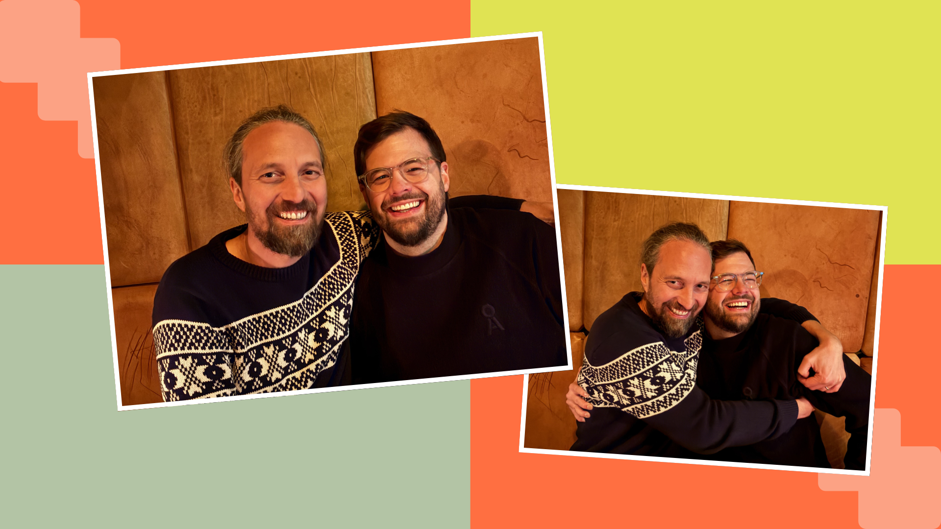 Collage-style graphic featuring two photos of Actionbound’s CEO and CPO smiling together in a warm indoor setting.